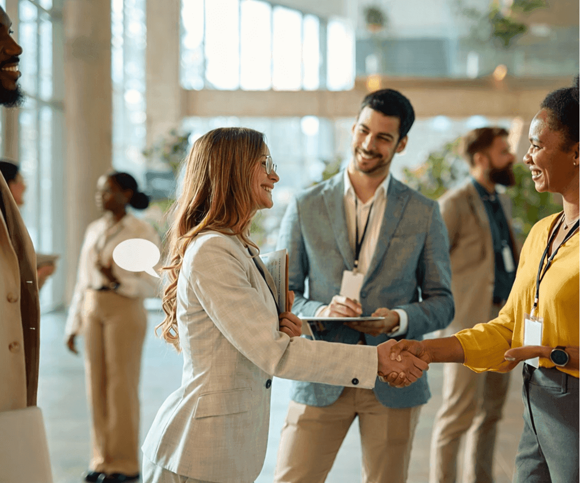 Team members shaking hands in a partnership meeting